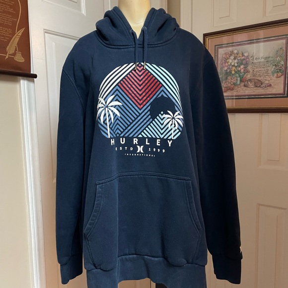 EUC Hurley Navy Pullover Hoodie with Red & Light Blue Graphic - Picture 8 of 8